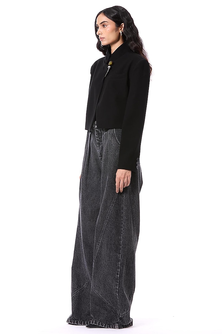 Black Polyester Hand Embellished Cropped Blazer Jacket by Kanika Goyal at Pernia's Pop Up Shop