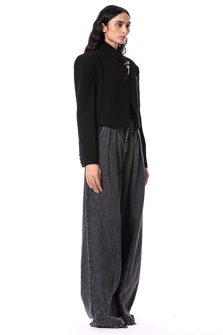 Black Polyester Hand Embellished Cropped Blazer Jacket by Kanika Goyal at Pernia's Pop Up Shop