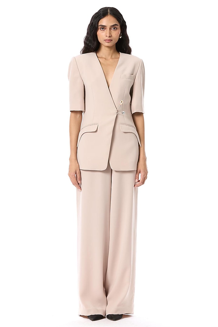 Beige Polyester Tailored Longline Blazer by Kanika Goyal at Pernia's Pop Up Shop