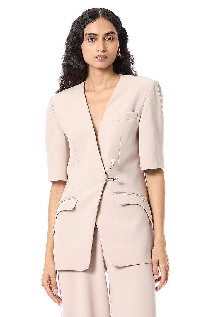 Beige Polyester Tailored Longline Blazer by Kanika Goyal at Pernia's Pop Up Shop