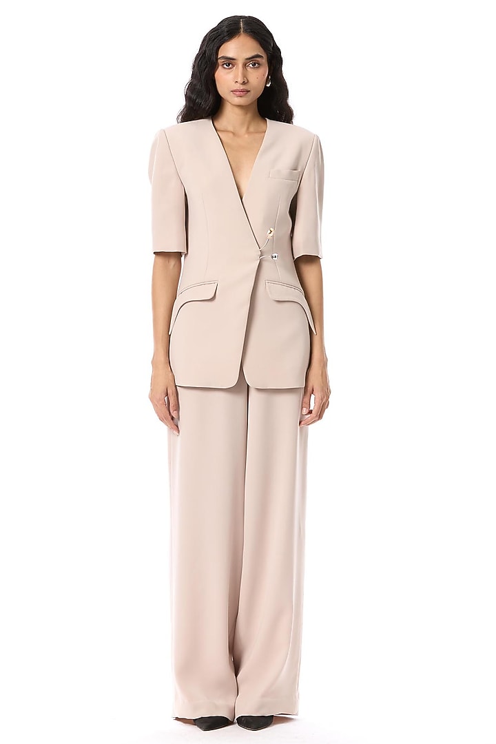Beige Polyester Relaxed Fit Pants by Kanika Goyal at Pernia's Pop Up Shop