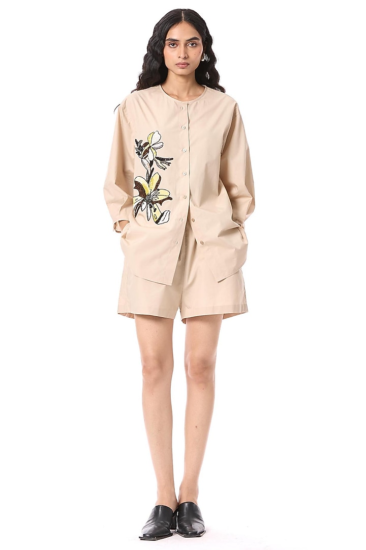 Beige Cotton Shorts by Kanika Goyal at Pernia's Pop Up Shop