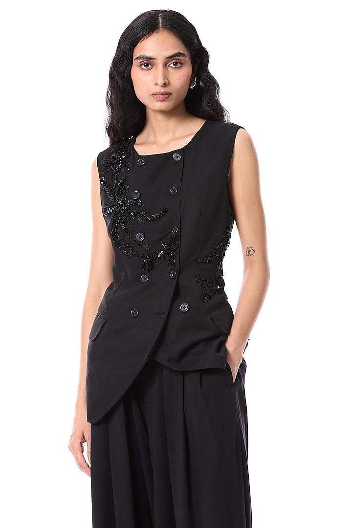 Black Polyester Hand Embellished Vest by Kanika Goyal at Pernia's Pop Up Shop