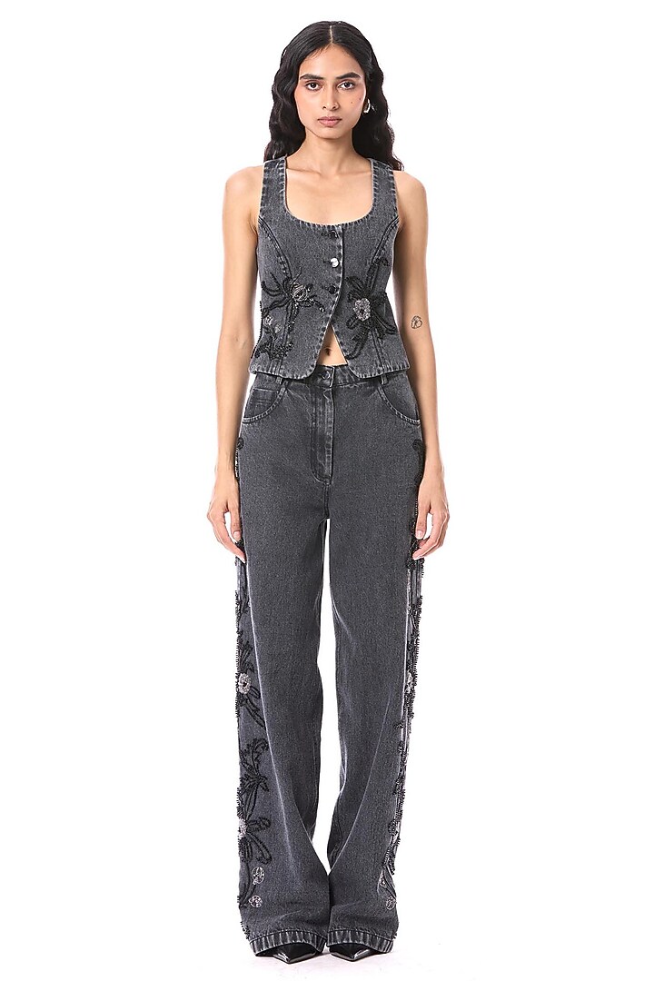 Blue Cotton Hand Embellished Pants by Kanika Goyal at Pernia's Pop Up Shop