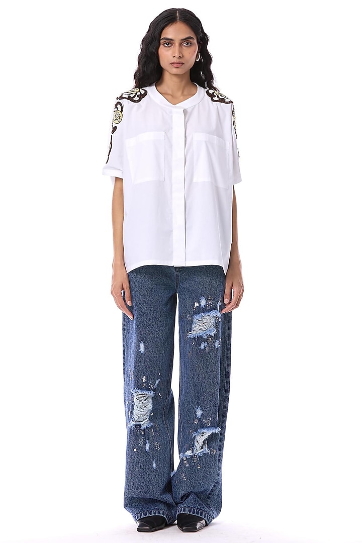 Blue Cotton Embellished Pants by Kanika Goyal at Pernia's Pop Up Shop