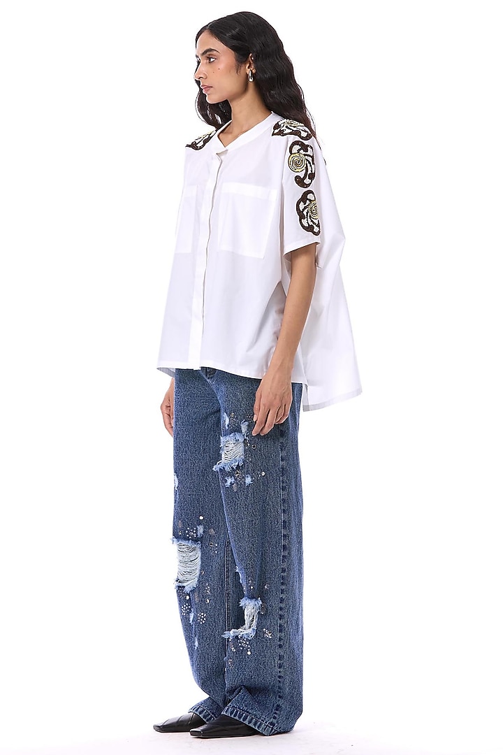 Blue Cotton Embellished Pants by Kanika Goyal at Pernia's Pop Up Shop