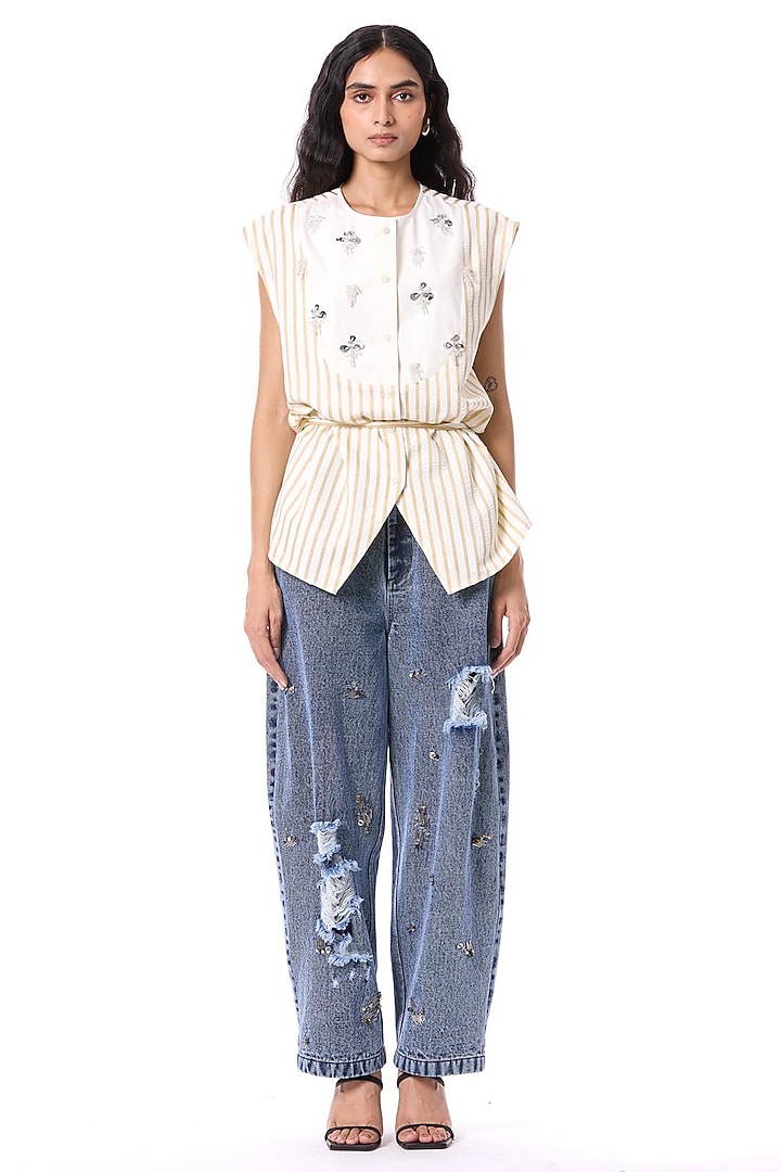 Blue Cotton Embellished Pants by Kanika Goyal at Pernia's Pop Up Shop