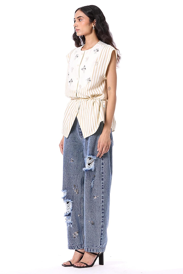 Blue Cotton Embellished Pants by Kanika Goyal at Pernia's Pop Up Shop