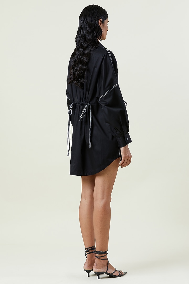 Black Cotton Embellished Mini Vacation Shirt Dress by Kanika Goyal at Pernia's Pop Up Shop