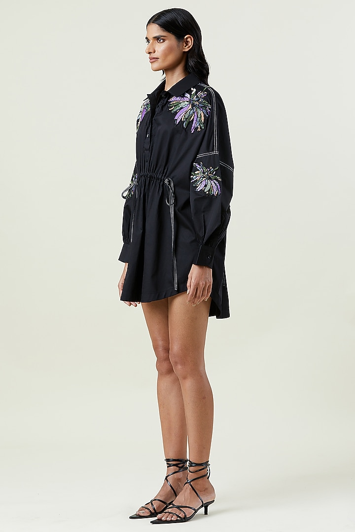 Black Cotton Embellished Mini Vacation Shirt Dress by Kanika Goyal at Pernia's Pop Up Shop