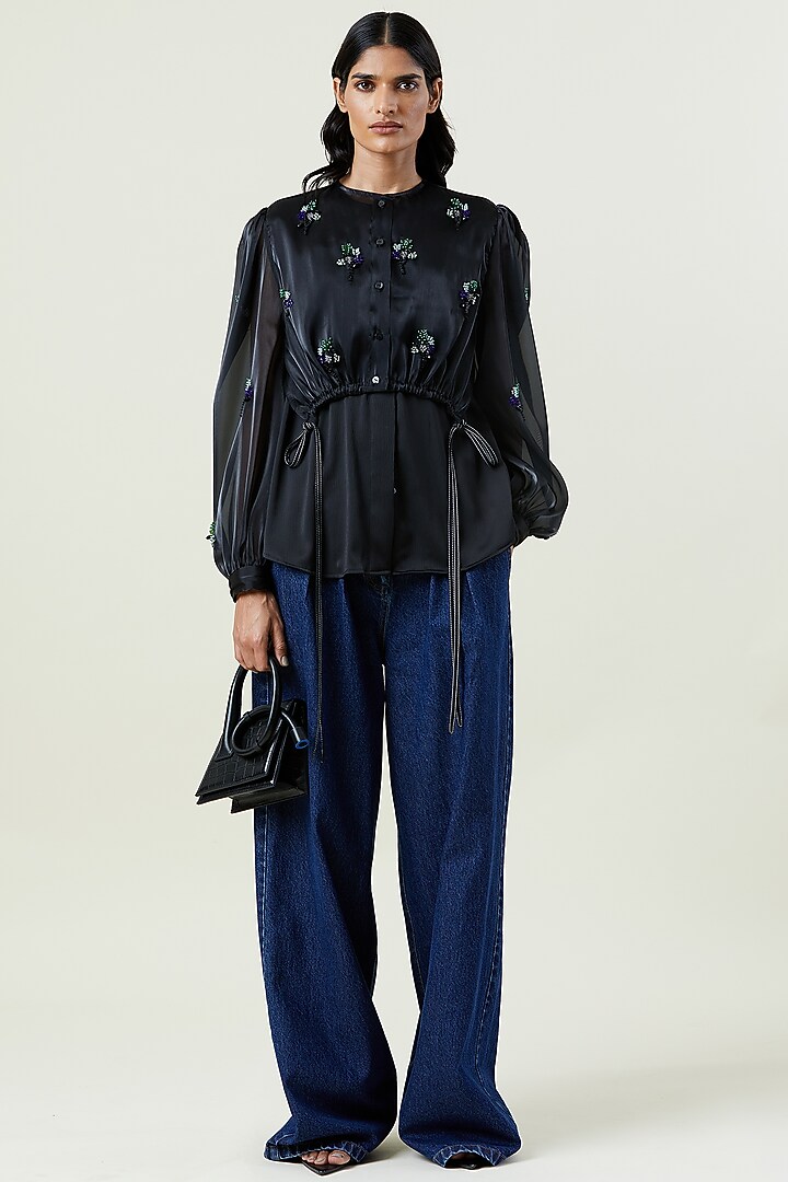 Black Polyester Hand Embellished Overlay Shirt by Kanika Goyal at Pernia's Pop Up Shop