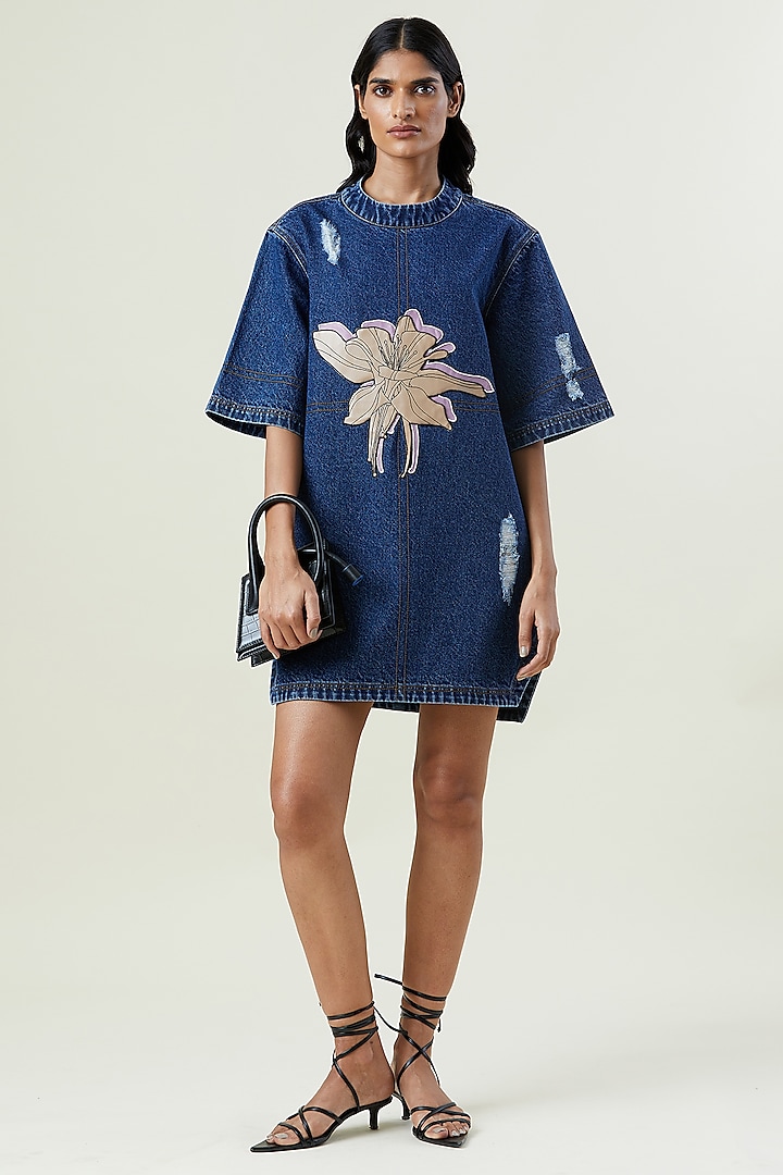 Dark Blue Denim Cotton Applique Mini Vacation Dress by Kanika Goyal at Pernia's Pop Up Shop