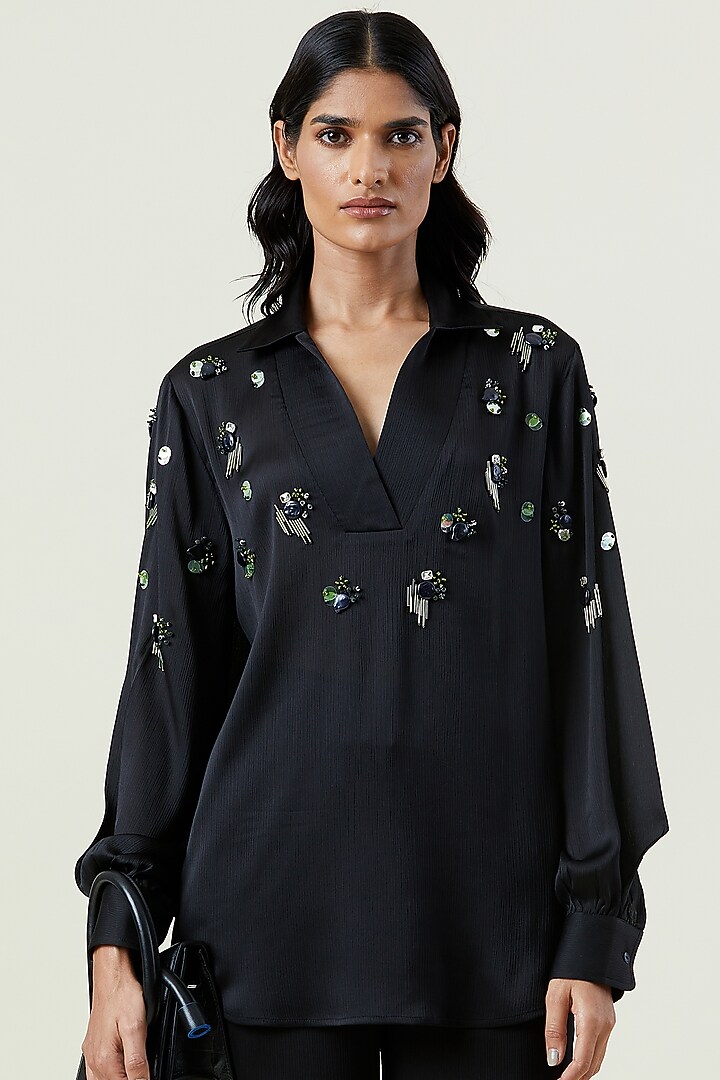 Black Polyester Hand Embellished Co-Ord Set by Kanika Goyal at Pernia's Pop Up Shop
