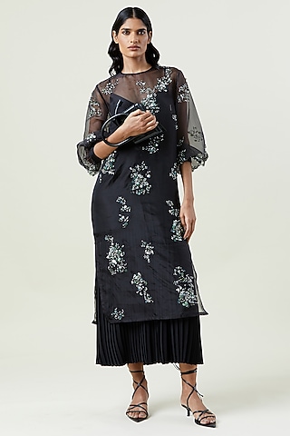 Black Polyester Hand Embellished Overlay Dress by Kanika Goyal