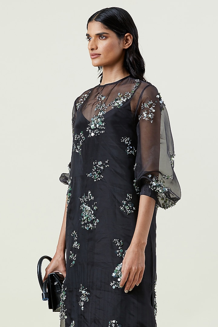 Black Polyester Hand Embellished Overlay Cocktail Dress by Kanika Goyal at Pernia's Pop Up Shop