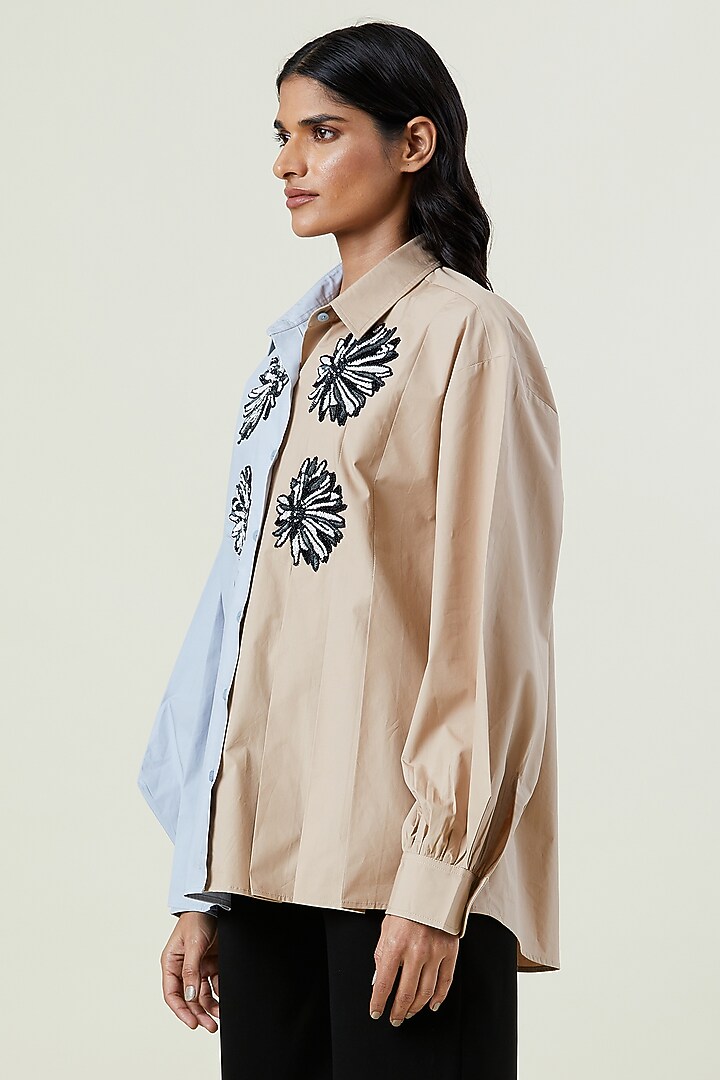 Beige Cotton Hand Embellished Shirt by Kanika Goyal at Pernia's Pop Up Shop