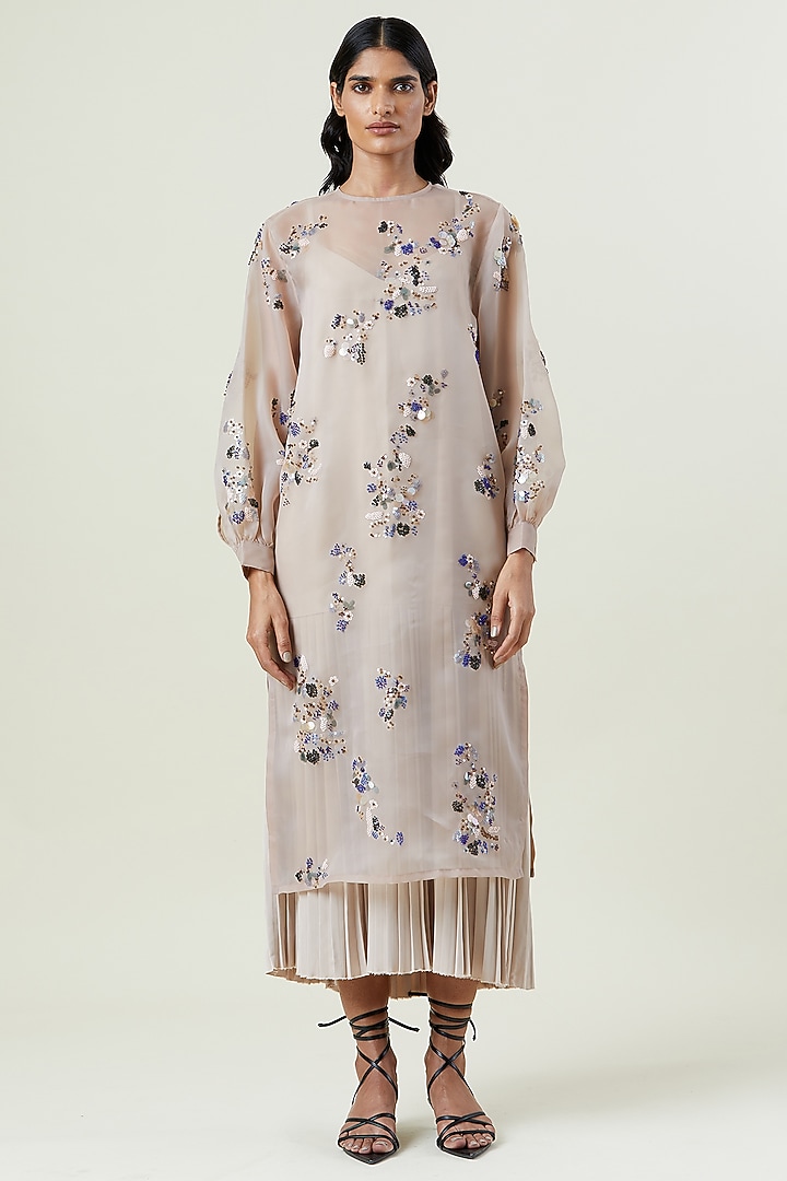 Beige Polyester Hand Embellished Overlay Cocktail Dress by Kanika Goyal at Pernia's Pop Up Shop