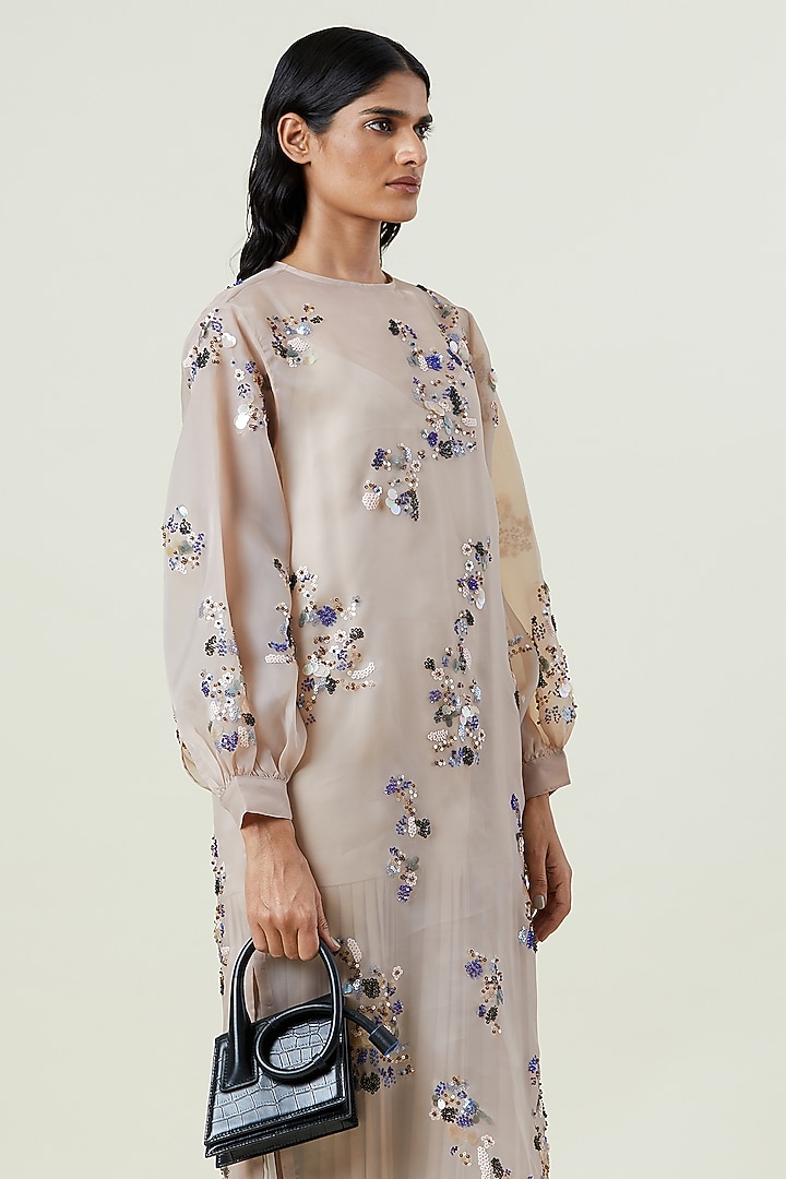 Beige Polyester Hand Embellished Overlay Cocktail Dress by Kanika Goyal at Pernia's Pop Up Shop