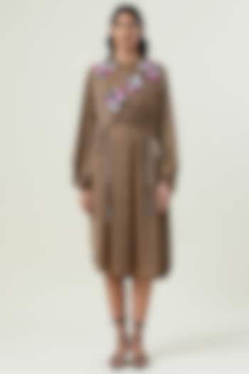 Beige Polyester Hand Embellished Midi Overlay Dress by Kanika Goyal