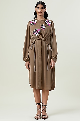Beige Polyester Hand Embellished Midi Overlay Dress by Kanika Goyal