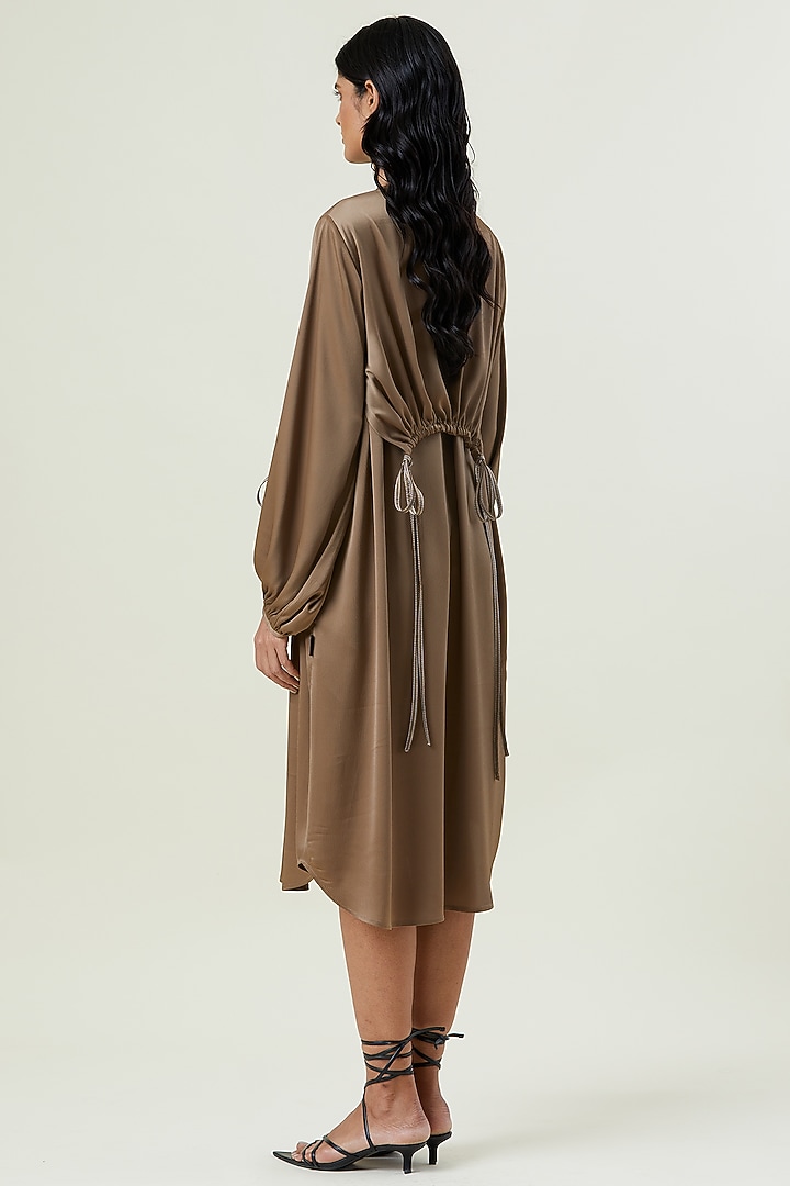 Beige Polyester Hand Embellished Midi Overlay Vacation Dress by Kanika Goyal at Pernia's Pop Up Shop