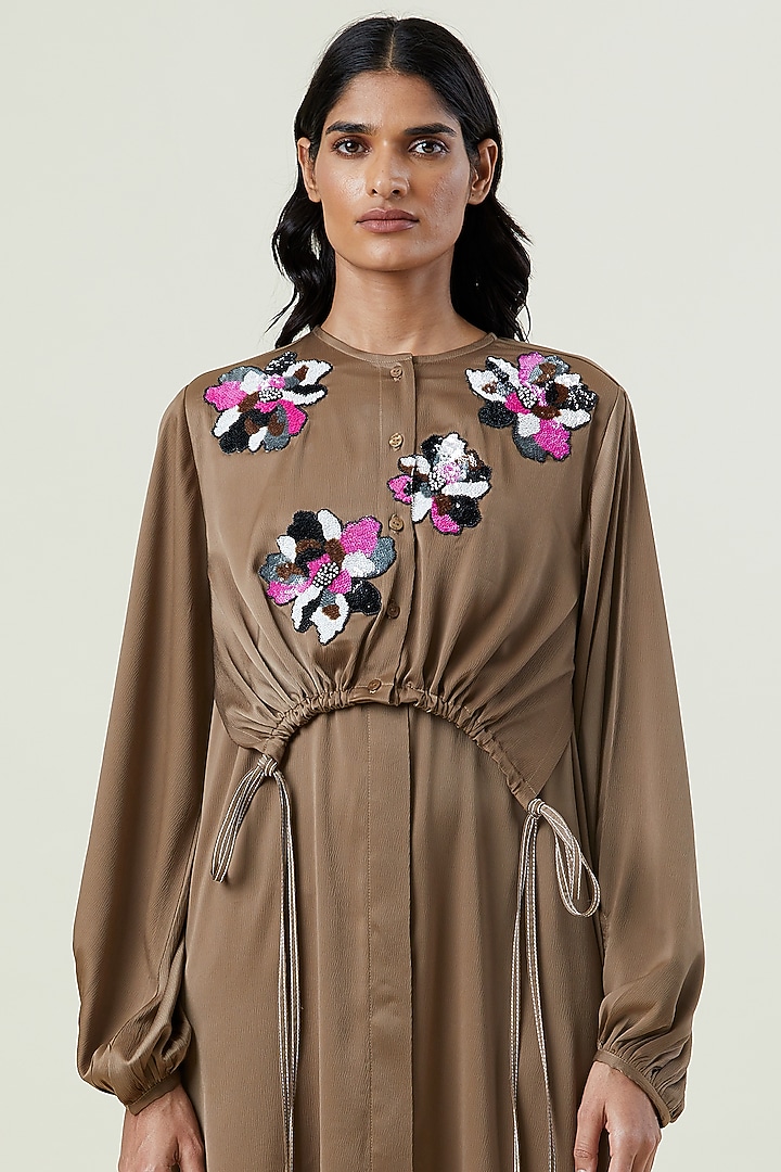 Beige Polyester Hand Embellished Midi Overlay Vacation Dress by Kanika Goyal at Pernia's Pop Up Shop