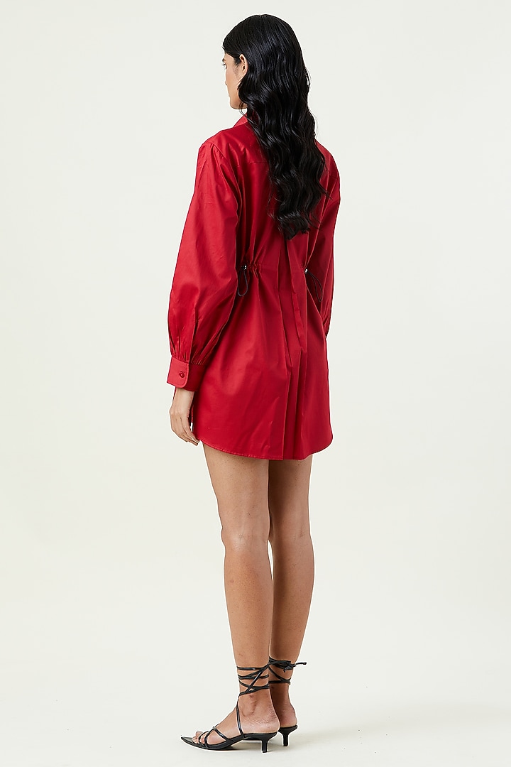 Red Cotton Applique Mini Vacation Shirt Dress by Kanika Goyal at Pernia's Pop Up Shop