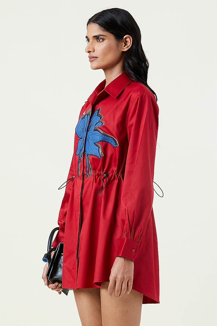 Red Cotton Applique Mini Vacation Shirt Dress by Kanika Goyal at Pernia's Pop Up Shop