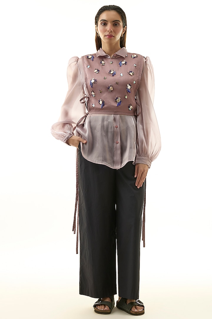 Pink Polyester Hand Embellished Shirt With Bib by Kanika Goyal at Pernia's Pop Up Shop