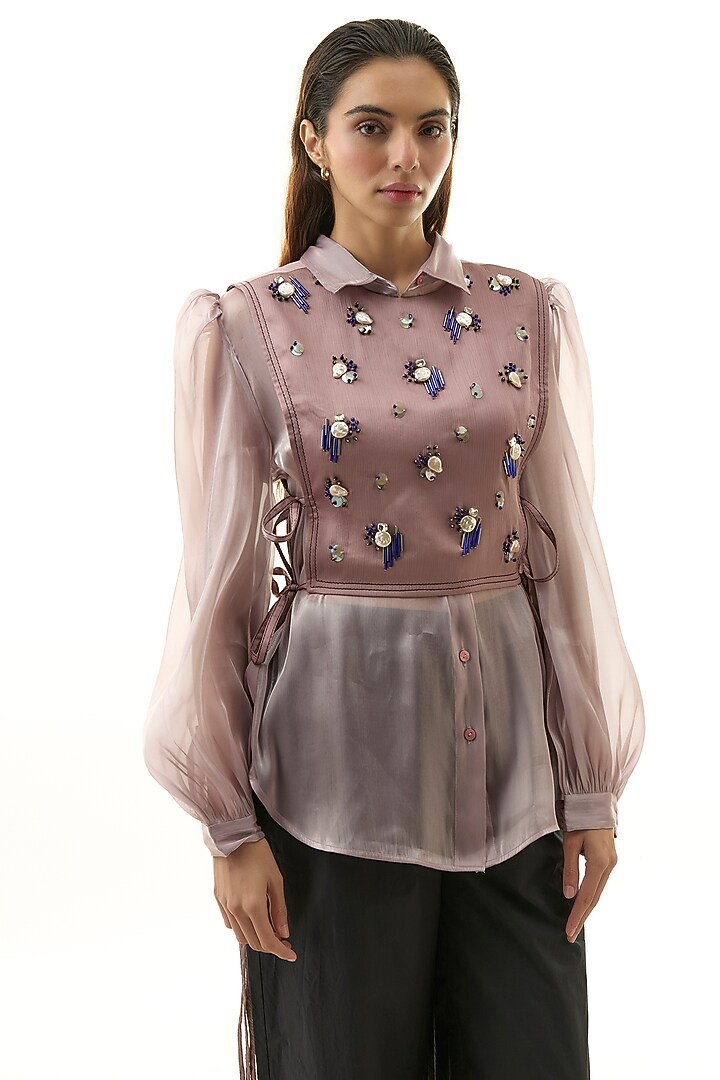 Pink Polyester Hand Embellished Shirt With Bib by Kanika Goyal at Pernia's Pop Up Shop