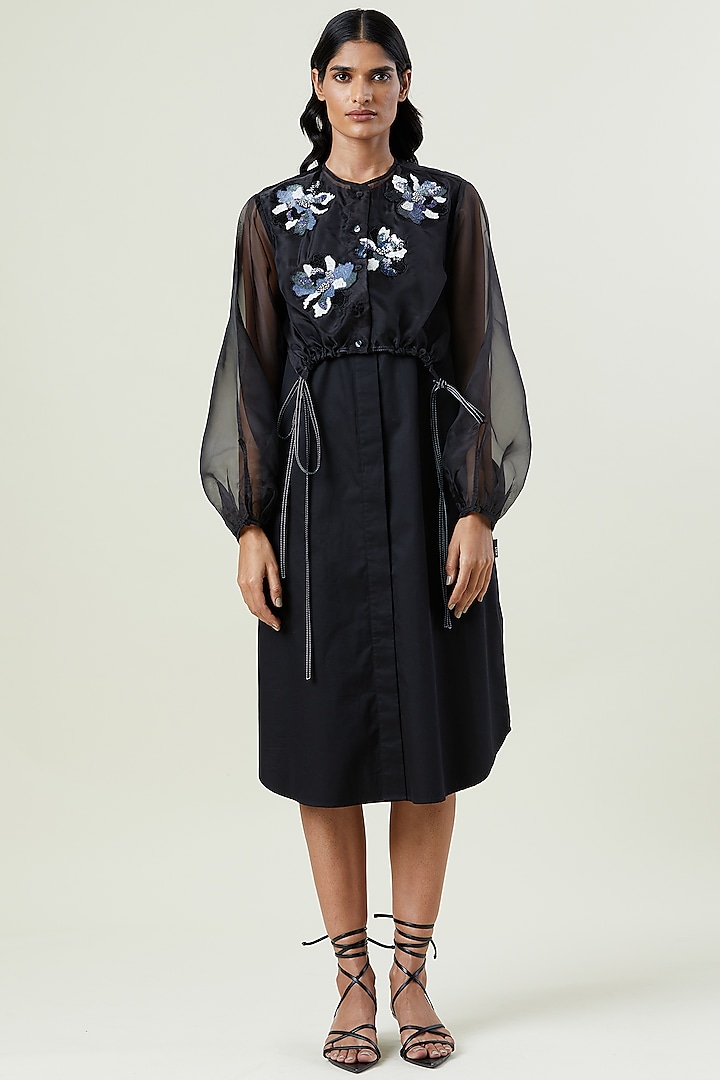 Black Cotton Hand Embellished Midi Overlay Dress by Kanika Goyal at Pernia's Pop Up Shop