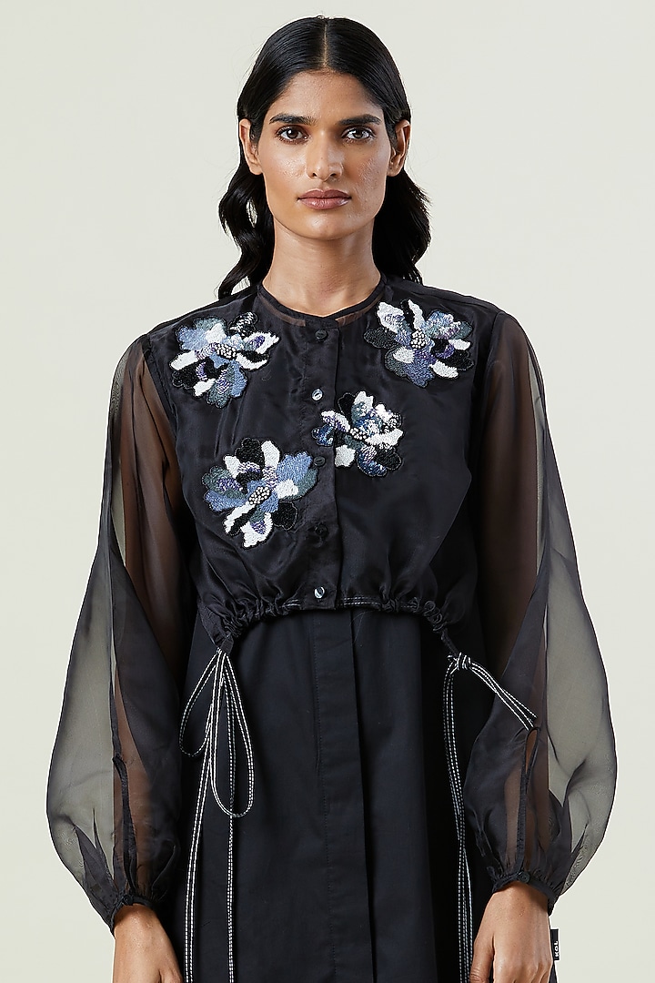 Black Cotton Hand Embellished Midi Overlay Vacation Dress by Kanika Goyal at Pernia's Pop Up Shop