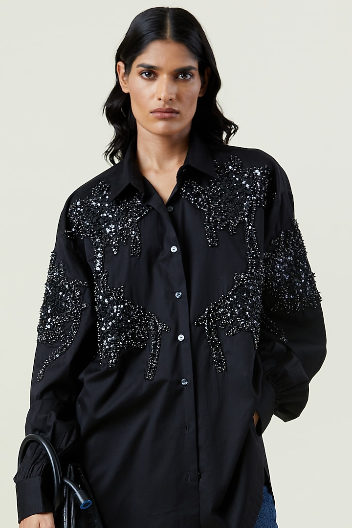 Black Polyester Hand Embellished Shirt by Kanika Goyal