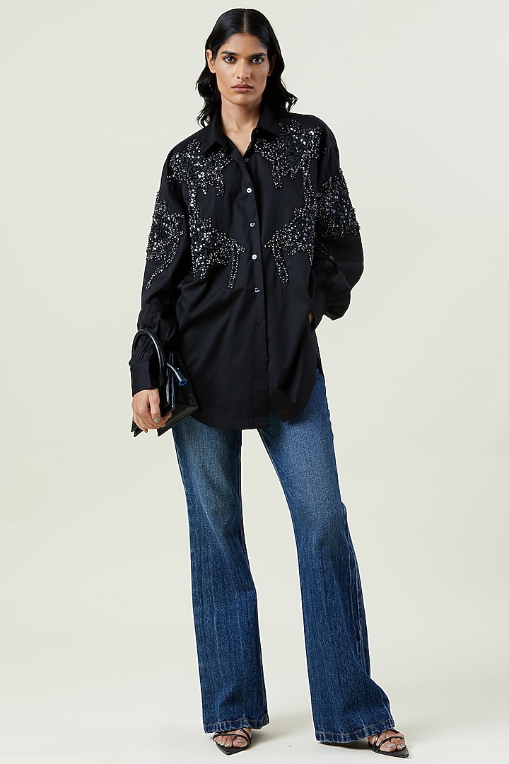 Black Polyester Hand Embellished Shirt by Kanika Goyal at Pernia's Pop Up Shop
