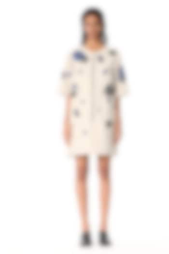 Beige Japanese Crepe Embellished Mini Cocktail Dress by Kanika Goyal at Pernia's Pop Up Shop