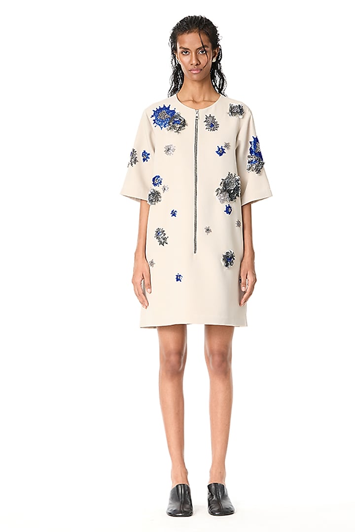 Beige Japanese Crepe Embellished Mini Cocktail Dress by Kanika Goyal at Pernia's Pop Up Shop