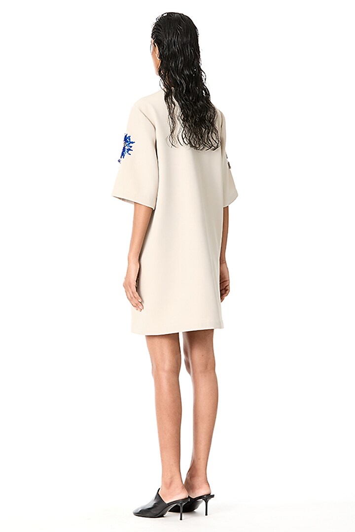 Beige Japanese Crepe Embellished Mini Cocktail Dress by Kanika Goyal at Pernia's Pop Up Shop