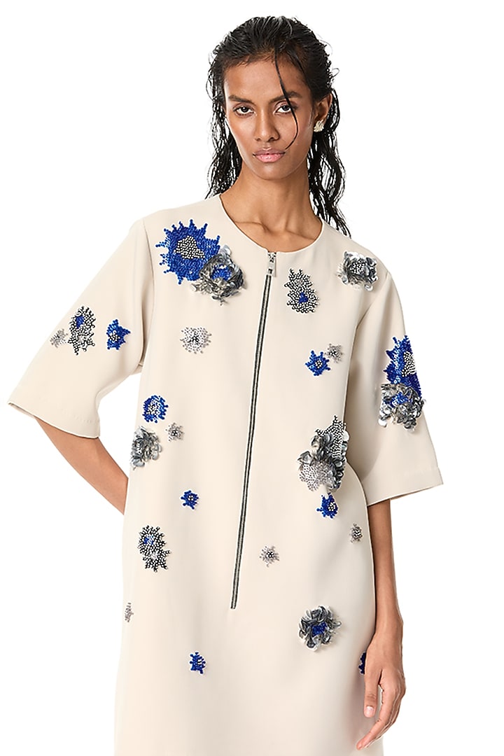 Beige Japanese Crepe Embellished Mini Cocktail Dress by Kanika Goyal at Pernia's Pop Up Shop