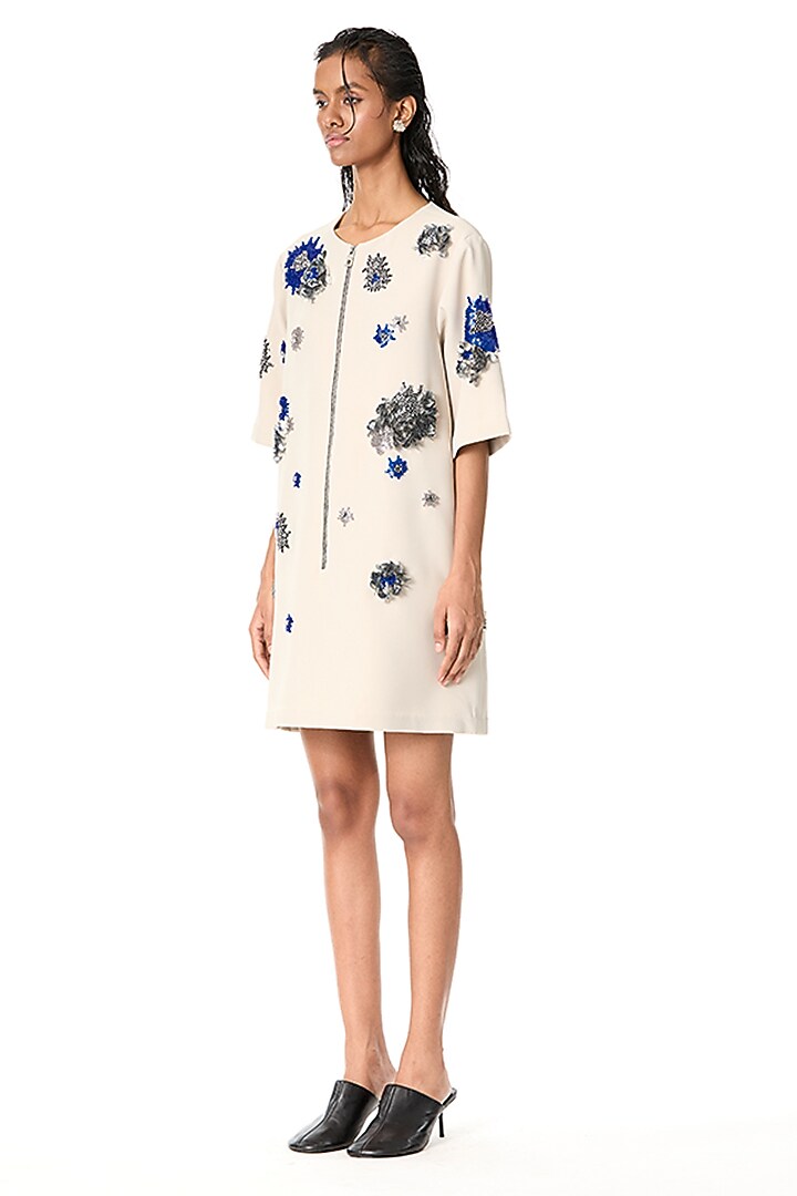 Beige Japanese Crepe Embellished Mini Cocktail Dress by Kanika Goyal at Pernia's Pop Up Shop