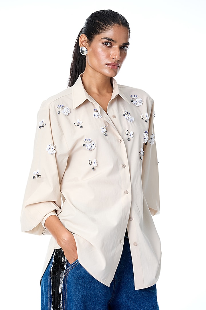 Beige Cotton Embellished Shirt by Kanika Goyal at Pernia's Pop Up Shop