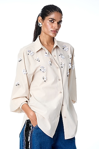 Beige Cotton Embellished Shirt by Kanika Goyal
