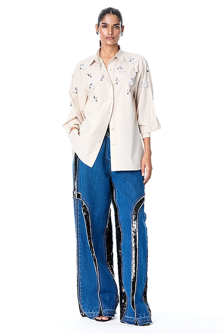 Beige Cotton Embellished Shirt by Kanika Goyal at Pernia's Pop Up Shop