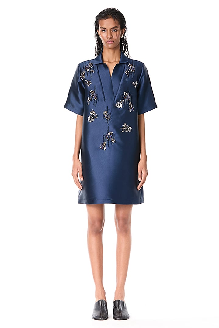 Navy Blue Taffeta Embellished Shift Dress by Kanika Goyal at Pernia's Pop Up Shop