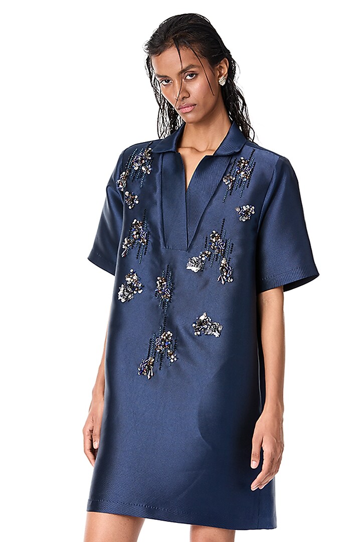 Navy Blue Taffeta Embellished Shift Vacation Dress by Kanika Goyal at Pernia's Pop Up Shop