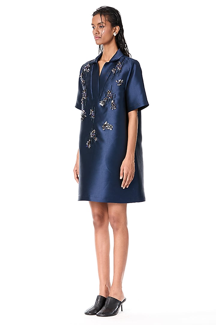 Navy Blue Taffeta Embellished Shift Vacation Dress by Kanika Goyal at Pernia's Pop Up Shop