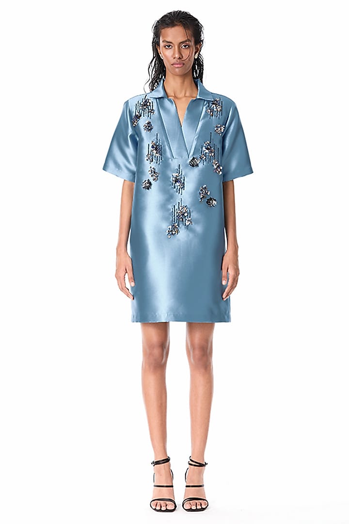 Blue Taffeta Embellished Shift Dress by Kanika Goyal at Pernia's Pop Up Shop