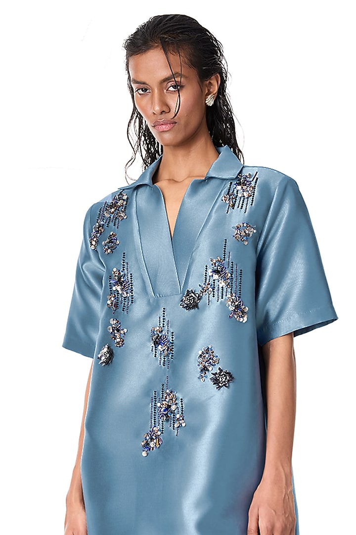 Blue Taffeta Embellished Shift Vacation Dress by Kanika Goyal at Pernia's Pop Up Shop