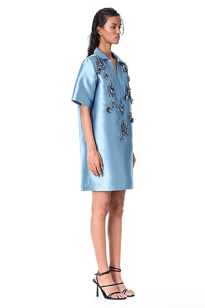 Blue Taffeta Embellished Shift Vacation Dress by Kanika Goyal at Pernia's Pop Up Shop