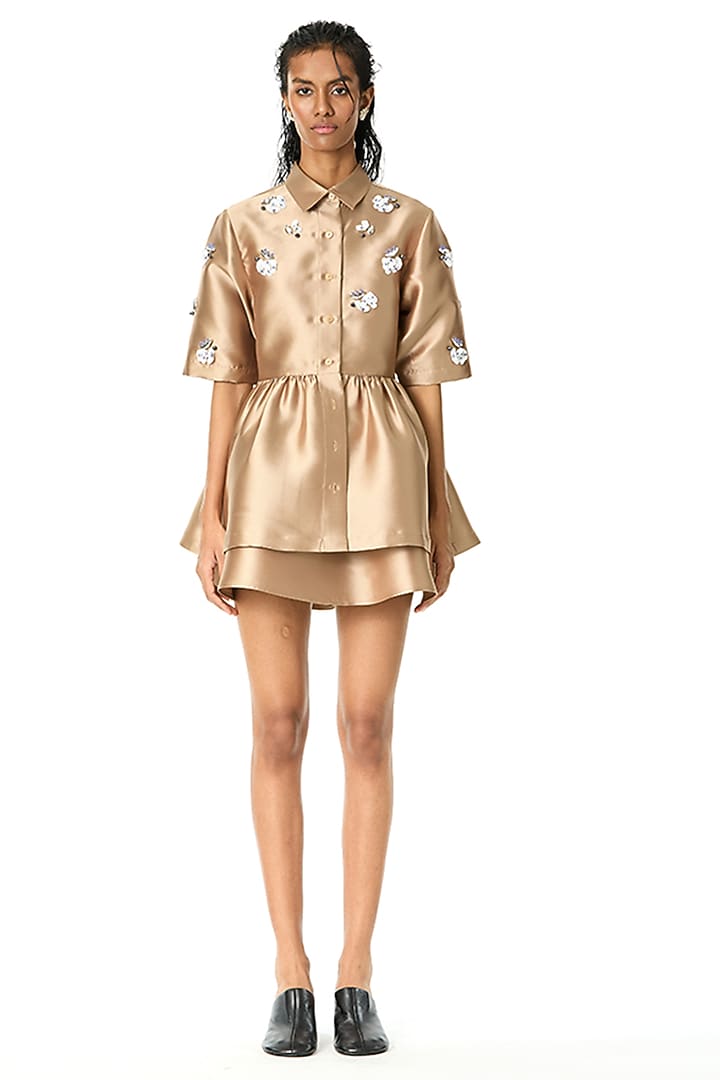 Beige Taffeta Embellished Peplum Top by Kanika Goyal at Pernia's Pop Up Shop