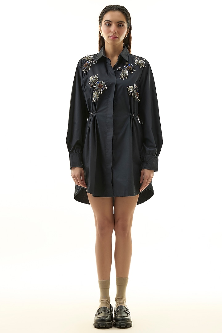 Black Cotton Embellished Mini Vacation Dress by Kanika Goyal at Pernia's Pop Up Shop